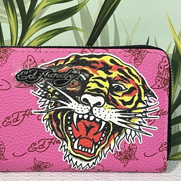 Ed Hardy Zip Around Wallet Wristlet Pink Tiger Vegan Leather Card Slot Pockets - Picture 5 of 14